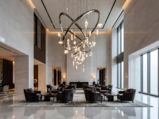 High ceilings and modern chandelier in a luxury hotel lobby